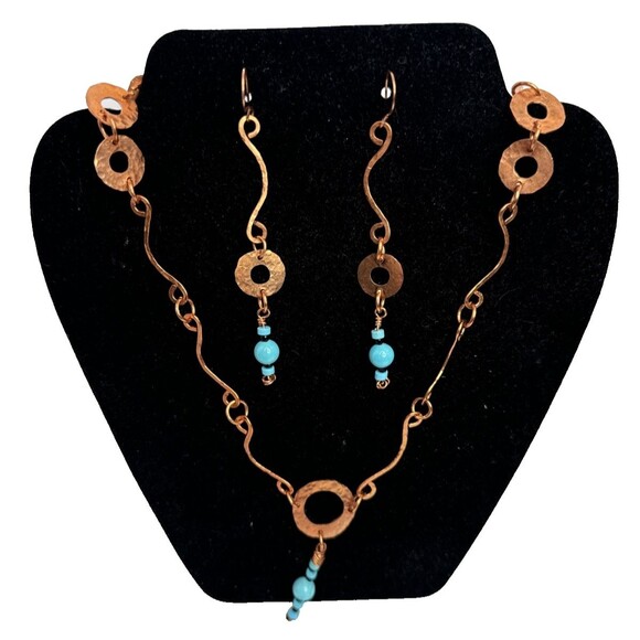 Copper Wire Necklace Earrings Set With Turquoise Gemstones Hand Crafted Boho - Picture 1 of 15